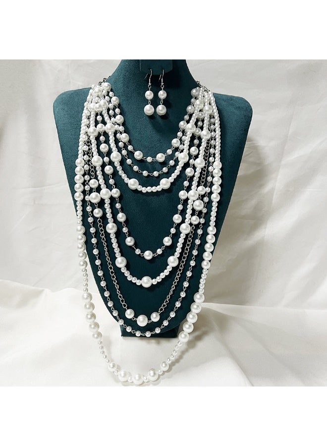 French Elegant Multi-Layered Pearl Necklace & Earrings Set for Women, Long Choker Jewelry, Perfect for Wedding Evening Party - Image 3